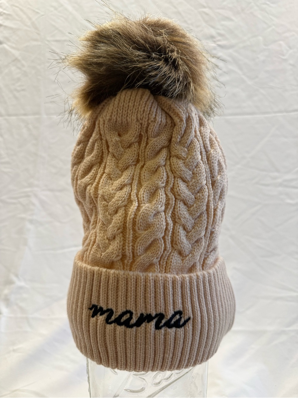 “Mama” uptop cable knit beanie - lined, NWT